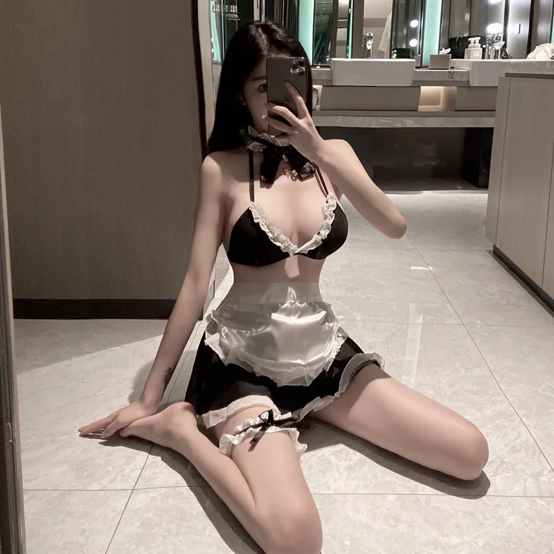 French Apron Maid Uniform Babydoll Bikini Set Erotic Role Play Women Sexy Lingerie Cosplay Costumes Bra and Miniskirt Underwear