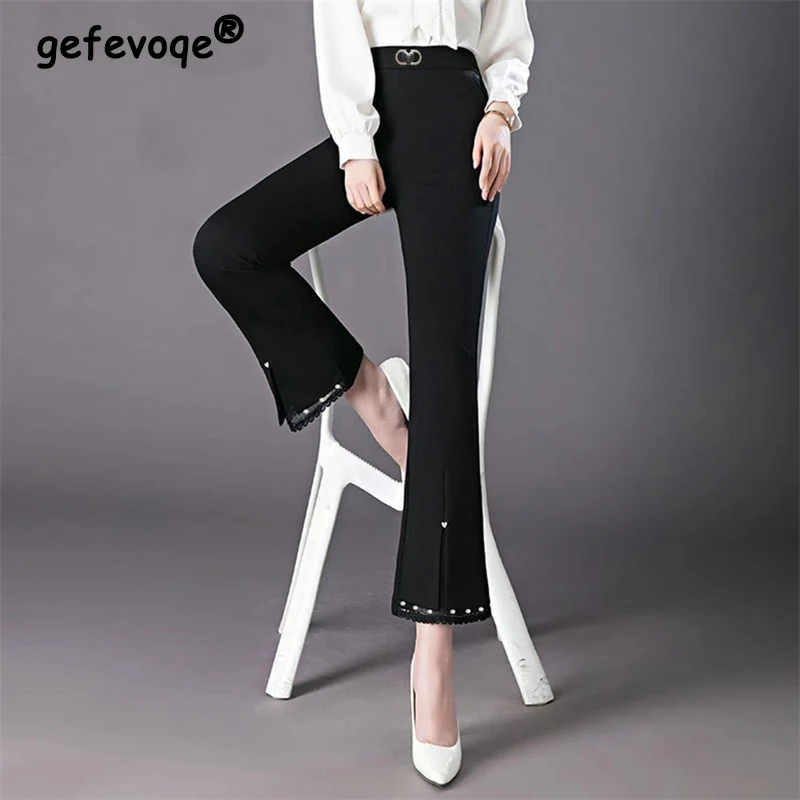 2023 Autumn Winter Women Korean Beaded Lace Patchwork Chic Elegant Flare Pants Ladies Black Plush High Waist Trousers Pantalones