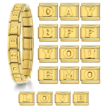 9mm Wholesale Gold Color English Concave Letter Charm Stainless Steel Italian Bracelet Name DIY Making Jewelry Gift Accessories 1