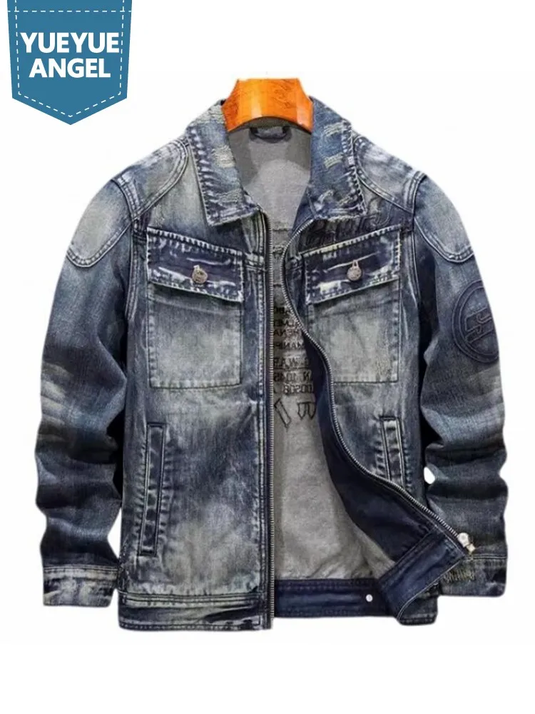 

Spring New Mens Embroidery Denim Jacket Ripped Lapel Collar Pockets Zipper Cowboy Coat Casual Slim Fit Vintage Motorcycle Jacket