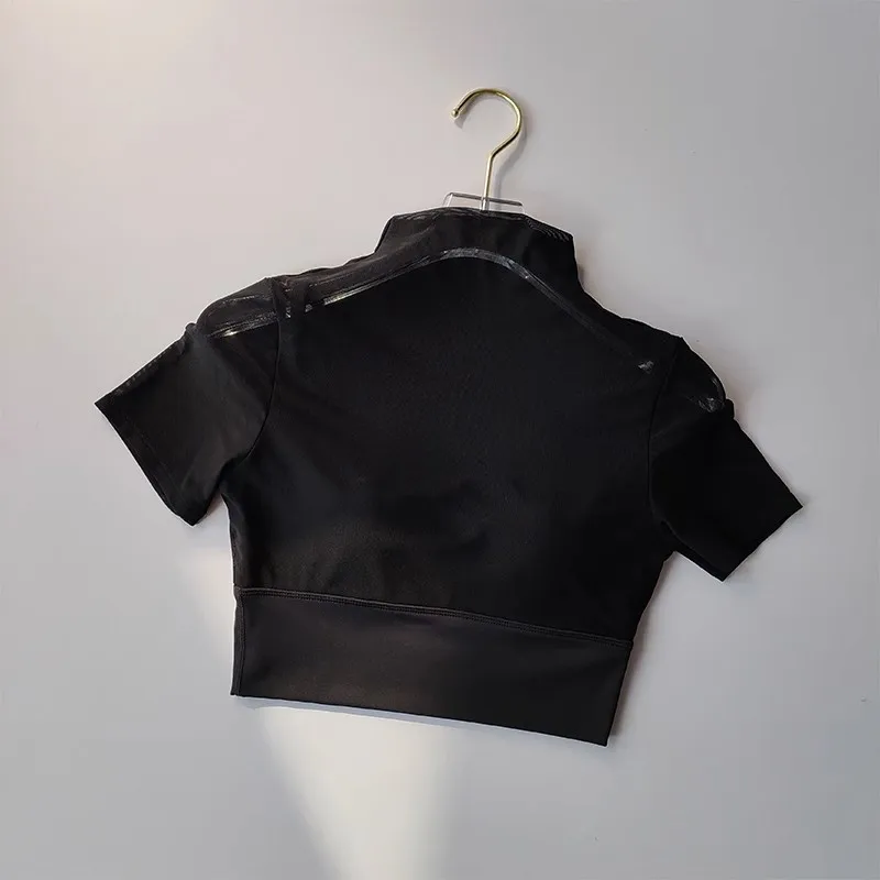 thumbnail image 1 of Copa de una pieza con almohadilla para el pecho, traje de Yoga de manga corta de malla, Top ajustado de entrenamiento, camiseta deportiva para correr y Pilates, tela, 1 of 6