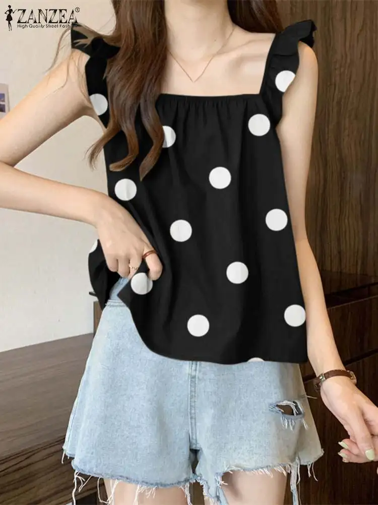 

Stylish Polka Dots Blouse 2023 ZANZEA Summer Caual Sleeveless Shirt Women Square Neck Elegant Work OL Blusas Ruffles Party Mujer