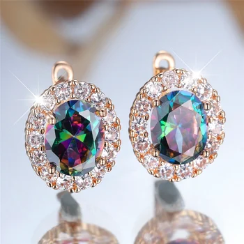 Charm Female Rainbow Crystal White Zircon Green Oval Stone Hoop Earrings Fashion Gold Color Wedding Jewelry For Women