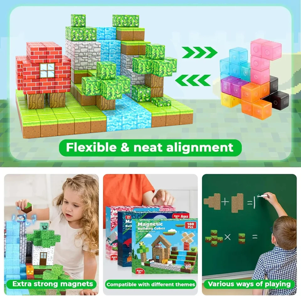Magnetic Cubes Magnetic Blocks-100PCS Magnetic Building Blocks Magnetic ...