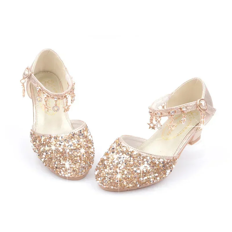 Fashion Kid Leather Summer Sequin Princess Crystal High Heel Sandals Mary Jane Girl Shoes leather shoes mary jane shoes girls shoes girls sandals girls high heel shoes