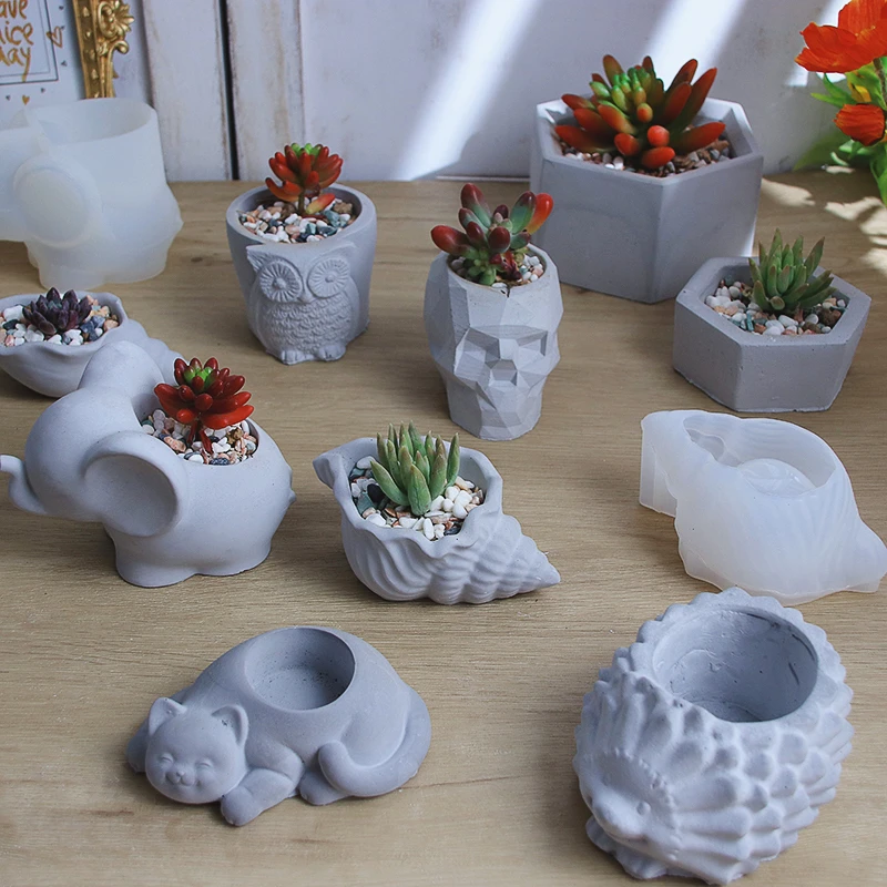 Cute Elephant Owl Conch Geometric Modeling Concrete Cement Flower Pot Silicone Mold Aromatherapy Plaster Mold Candle Holder Mold