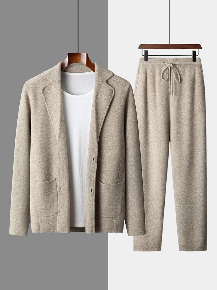 Men' 100% Cashmere Sweater Cardigan Cashmere Pants Suit Autumn Winter Thick Warm Smart Casual Cashmere Knitwear Coat Trousers