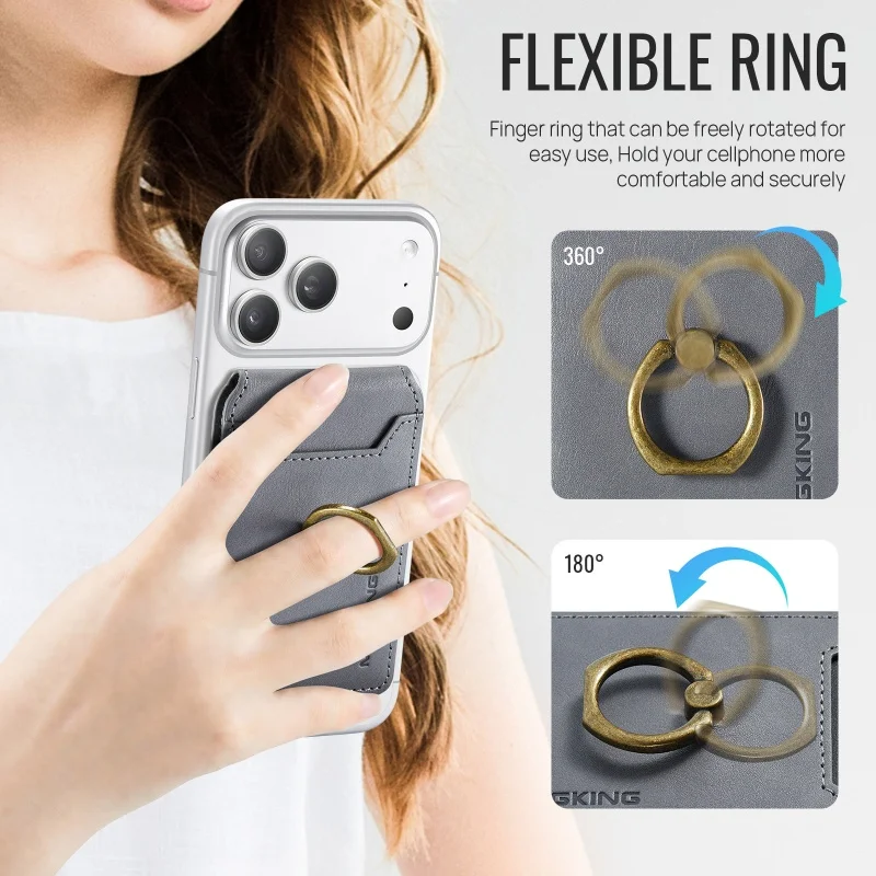 Magnetic Leather Wallet Card Holder with Ring Grip