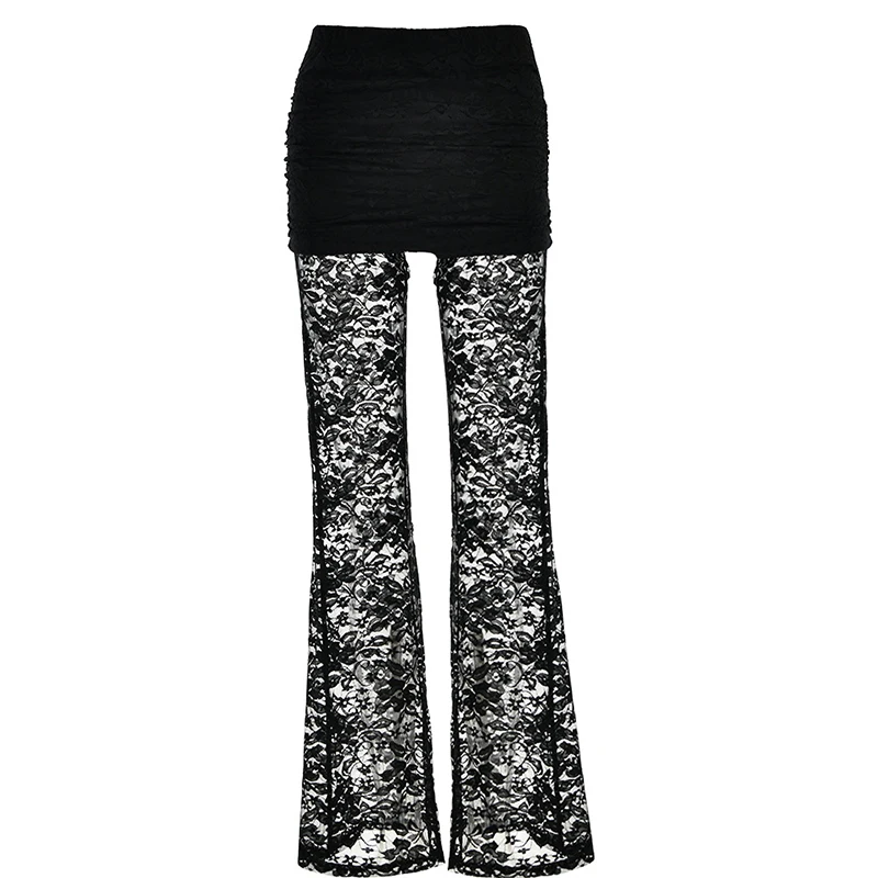 

OMSJ двухслойные Лоскутные кружевные расклешенные брюки для женщин Y2k тренд с высокой талией с рюшами тонкая сексуальная юбка брюки в винтажном стиле на лето