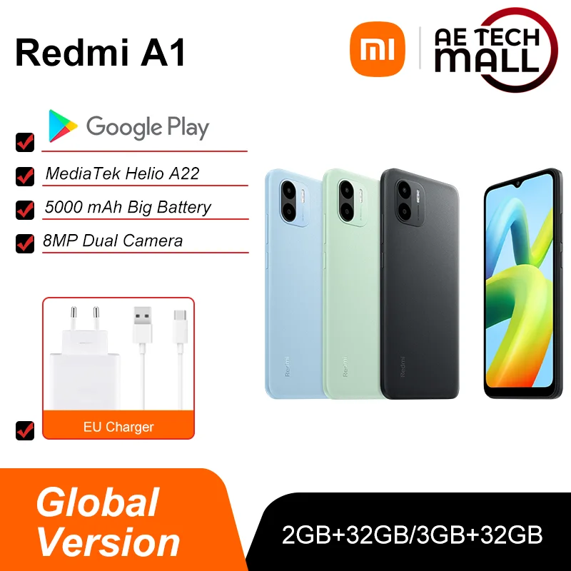  Xiaomi Redmi A1 Smartphone 2GB RAM 32GB ROM MTK Helio A22 8MP Camera 5000mAh Battery 6.52” HD+ Display Android 12 