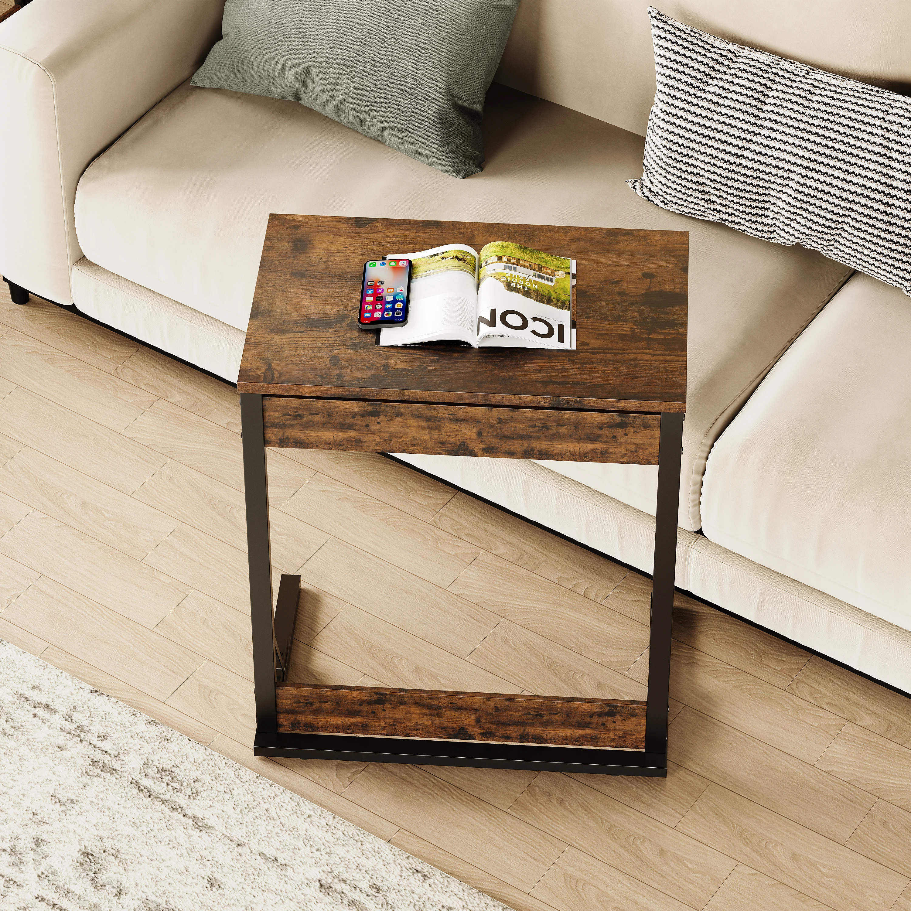 Klappbarer C-förmiger Beistelltisch mit Metallgestell und verstellbaren Füßen, Beistelltisch/Couchtisch für Wohnzimmer, Schlafzimmer, Büro – Detail 10