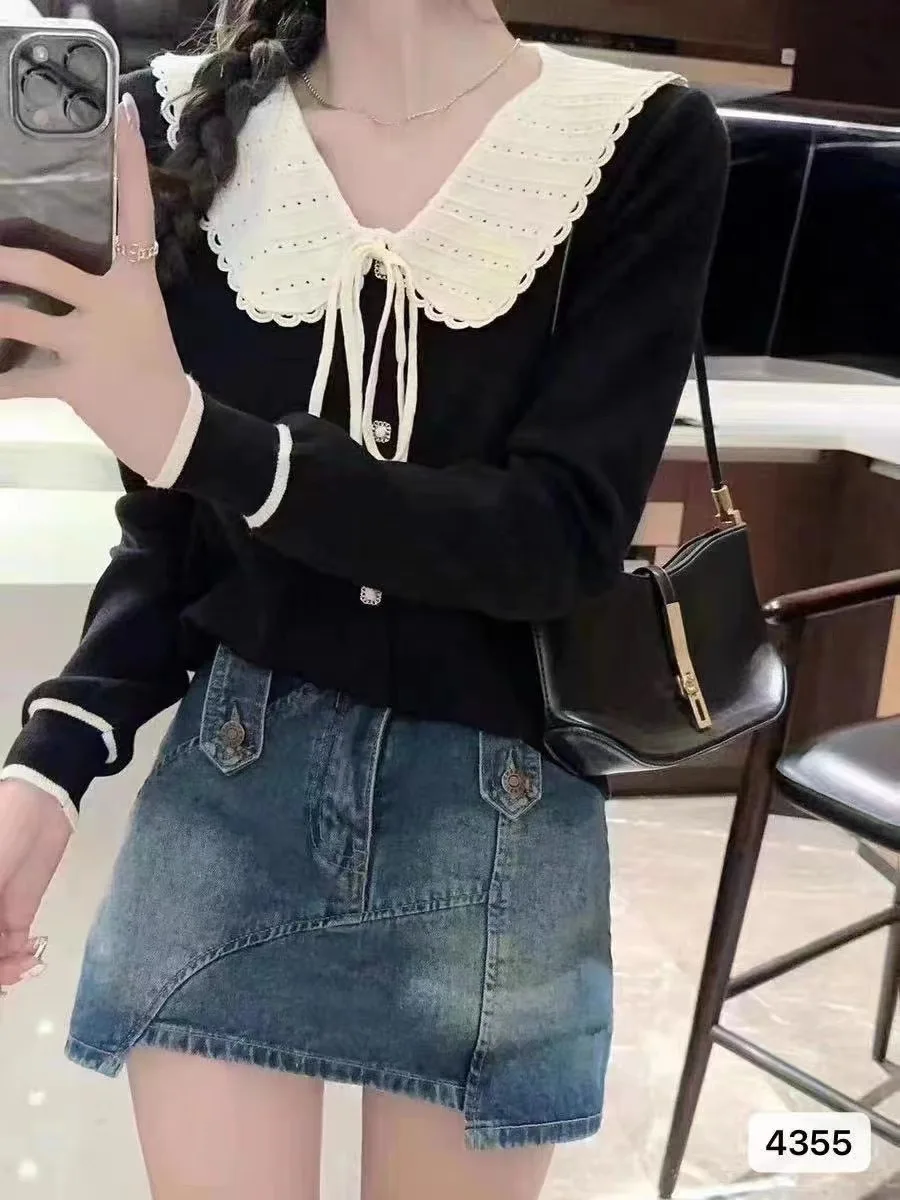 

Women's Knit Petal Collor Lace Up Long Sleeve Pullover, Base Sweater, Stretchy Tops, Autumn Streetwear