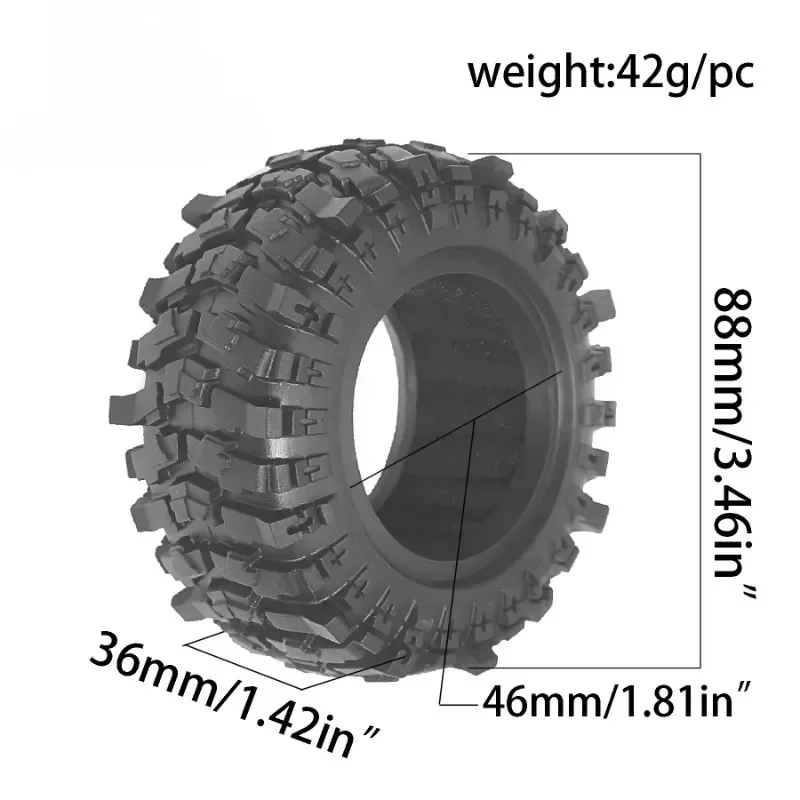 Pneu crawler RC 1.9 88x36mm en action sur un terrain rocheux, démontrant sa résistance et son adhérence.