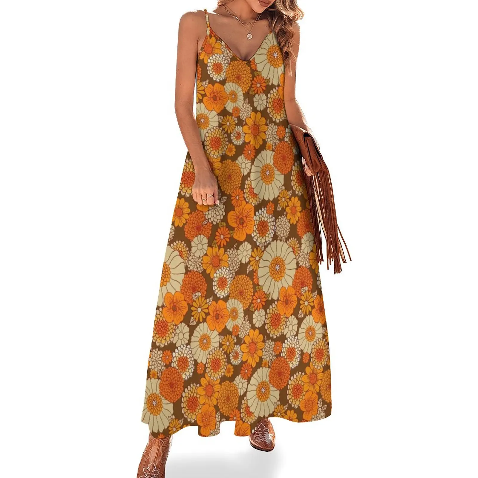 

70s retro daisies, vintage flower power, orange and brown, boho, Sleeveless Dress Women dresses summer Aesthetic clothing
