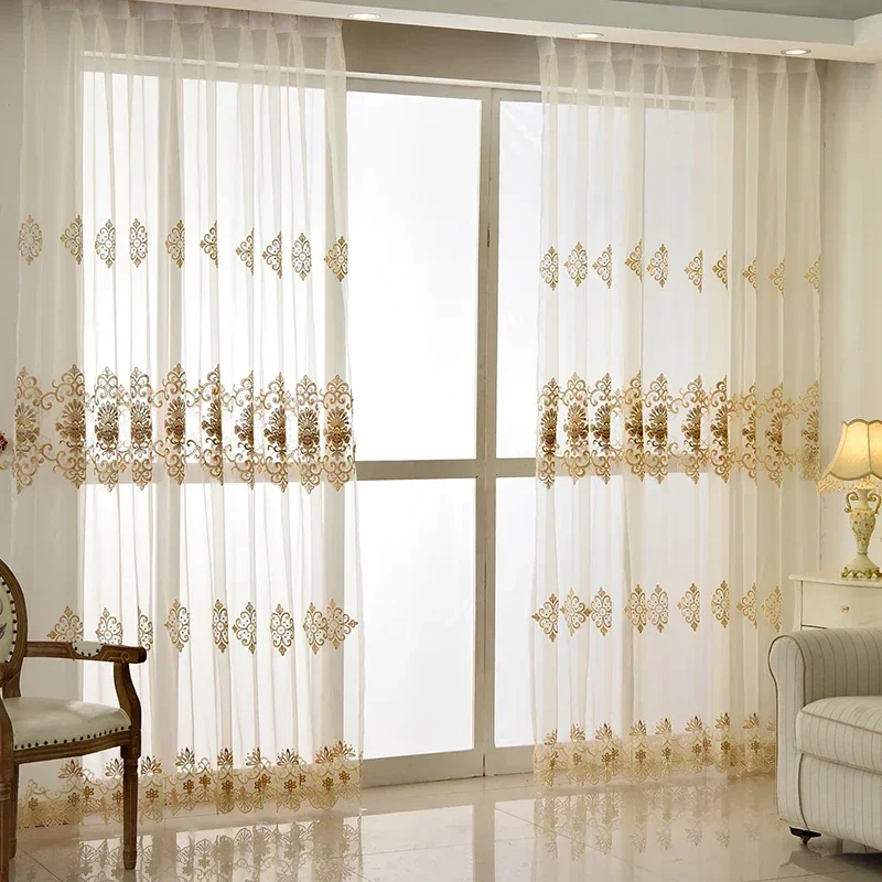 Sheer curtains Luxury European Water Soluble Embroidery Sheer Curtain for Living room Tulle Bottom Gold Lacework Window Screen Custom WP160H