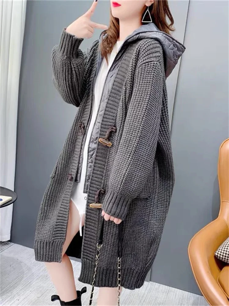 

Hsa Hooded Long Wool Knitted Cardigan Thicken Autumn Winter Thick Wool Coat Solid Color Long Swearter Horn Button Long Jacket