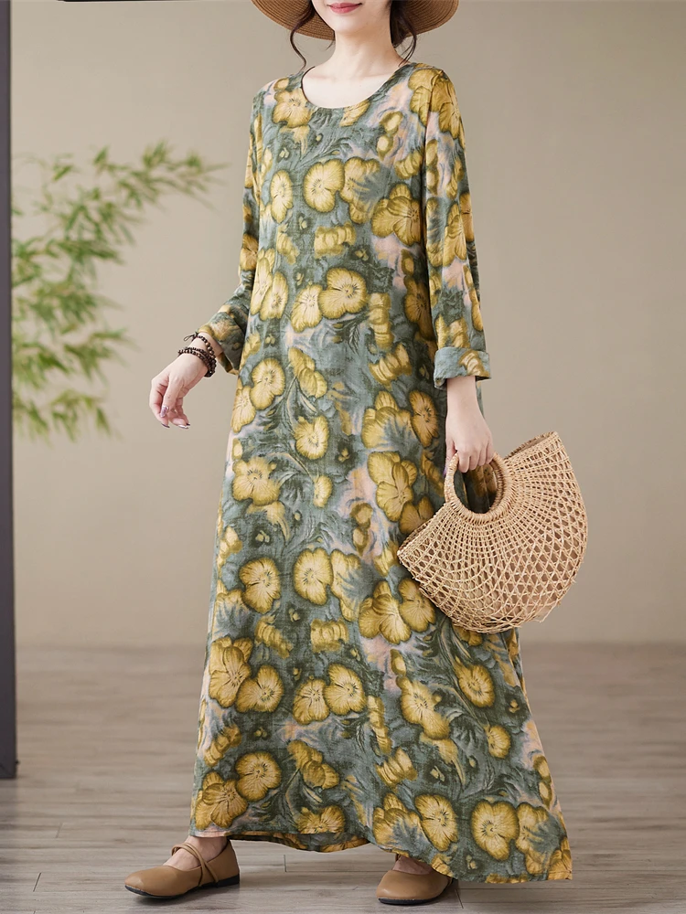 2025 Spring Autumn Cotton Vintage Print Long Sleeve Dresses For Women Casual Loose Dress Femme Robe Vestidos Fashion Clothing