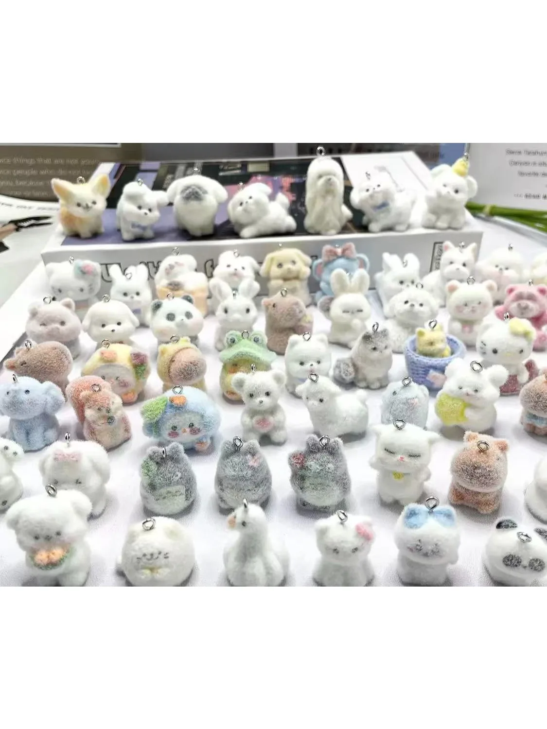 10pcs 3D Flocking 수지 매력 귀여운 바다 수달 치킨 토끼 동물 펜던트 키 체인 만들기 DIY 쥬얼리 선물