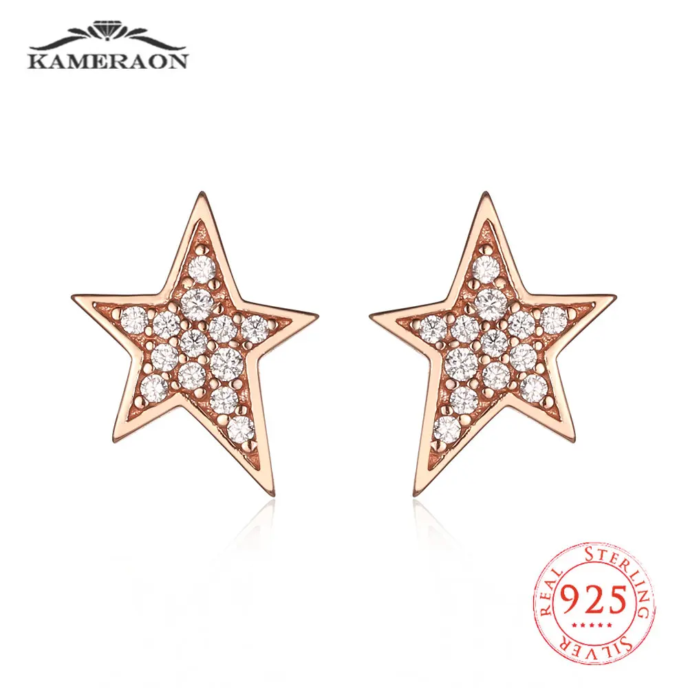 

925 Silver Original Rose Gold AAA Zircon Shiny Star Stud Pendant Earring for Women Ear Piercing Fine Jewelry Not Allergic