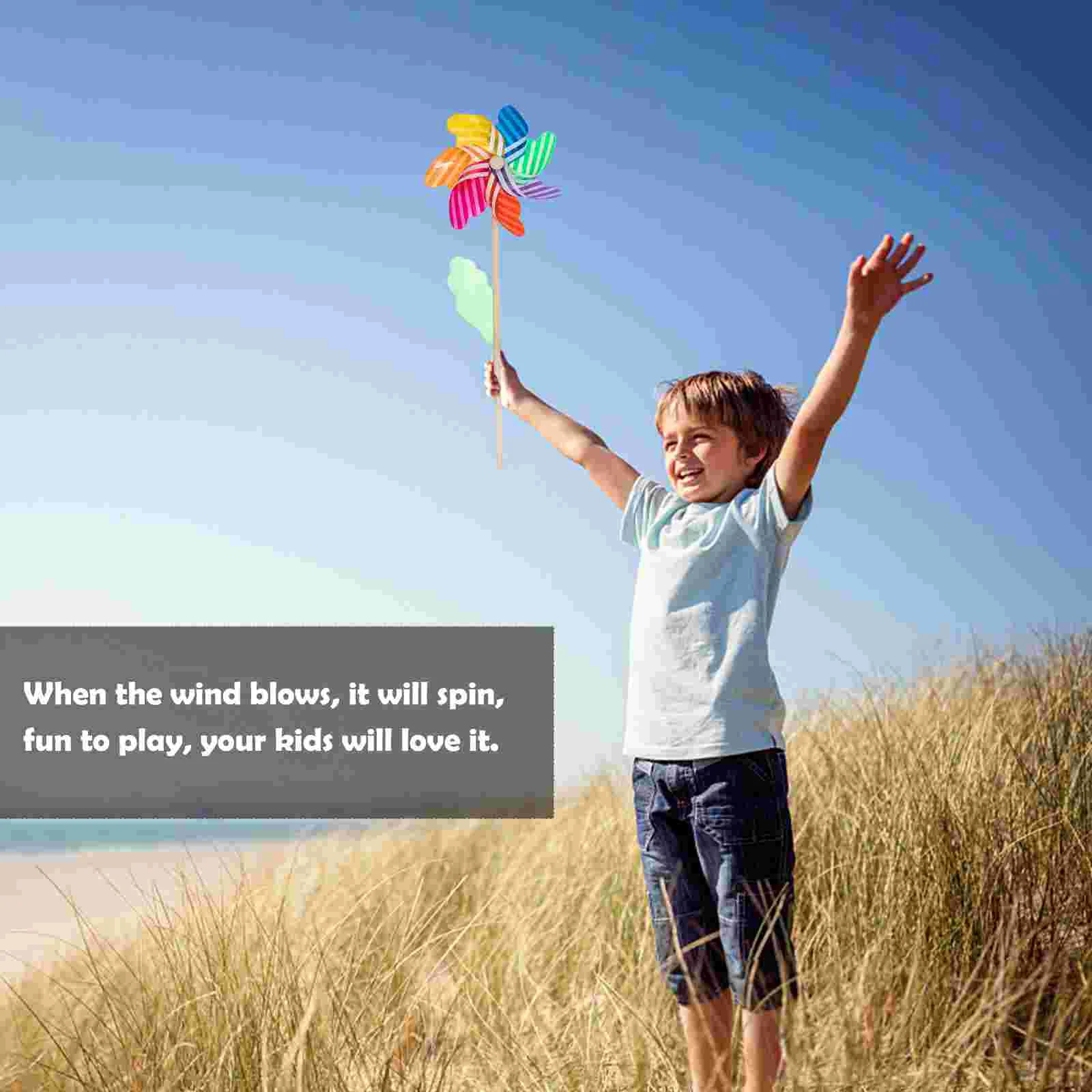 6 Pcs Colorful Wooden Rod Windmill Kids Toy Garden Decorations Plastic Pinwheels For Diy Crafts Outdoor Fun Sports Games