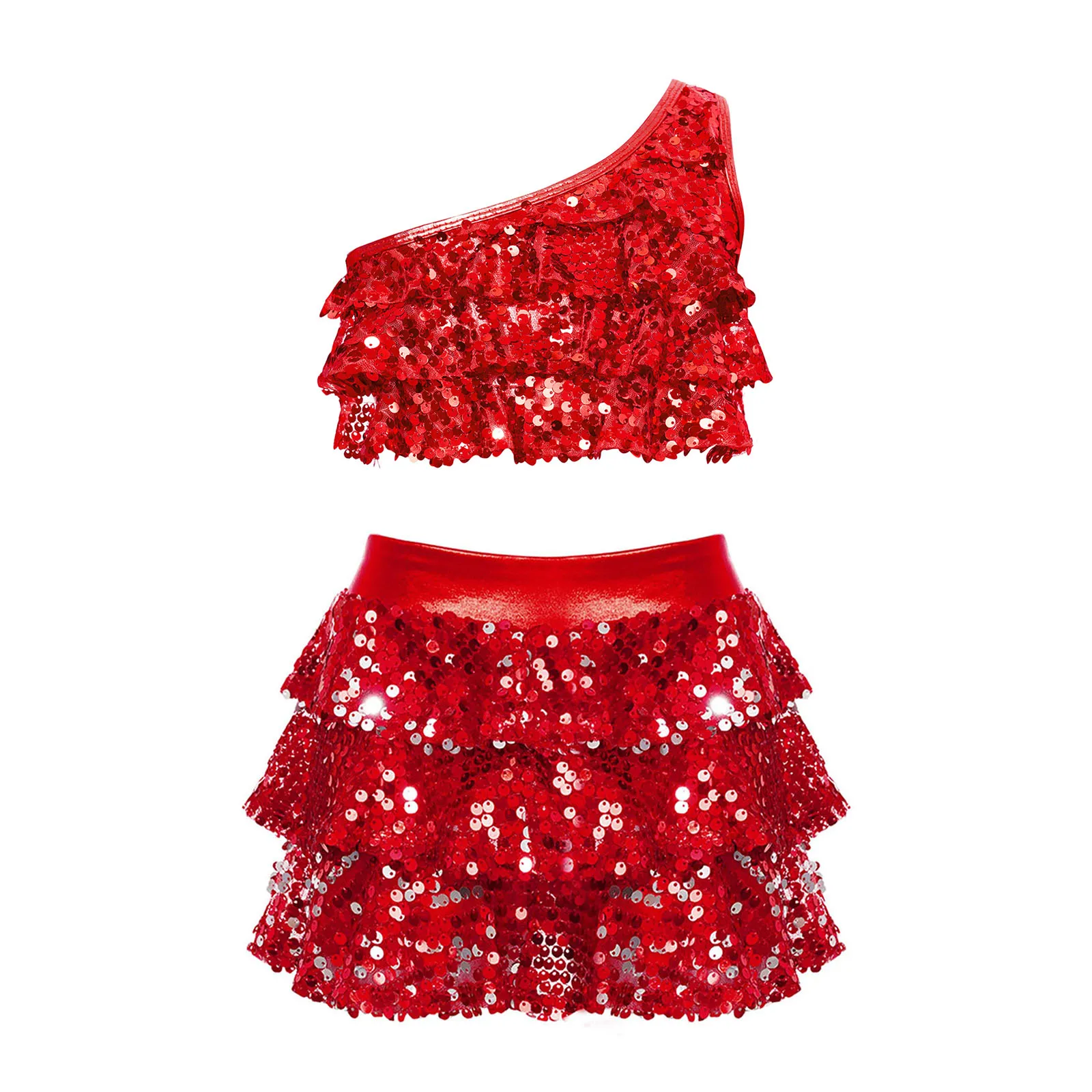 thumbnail image 1 of Traje de baile moderno para niñas, jazz, salsa latina, samba y rumba, top corto con lentejuelas brillantes metálicas y pantalones cortos con falda, culottes, 1 of 5