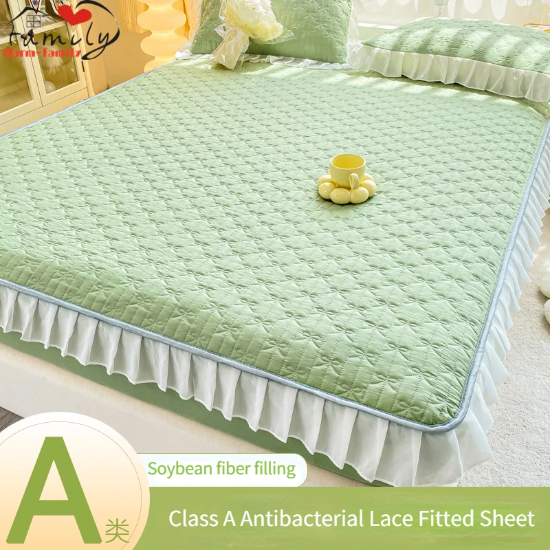 

Antibacterial Soybean Lace Fitted Sheet Washed Cotton Linen Solid Anti Mite and Non-slip Mattress Protector Cover Home Decor