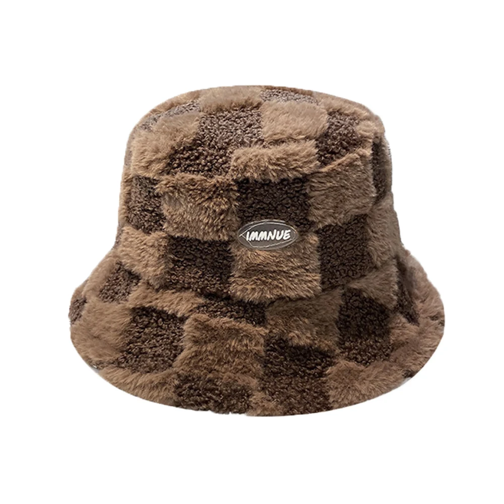 Fashion Winter Girl Boy Bucket Hat  Lamb Wool Letter Fisherman Hat Plaid Flat Top Hats Outdoor Thick Warm Panama Cap For Women