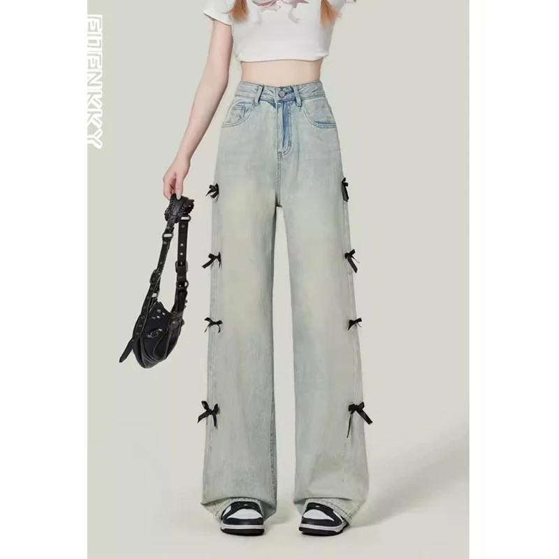 

American 3D Bow Design Jeans Women Y2k High Waist Straight Baggy Denim Pants Harajuku Casual Wide Leg Jean Trousers Female 2024