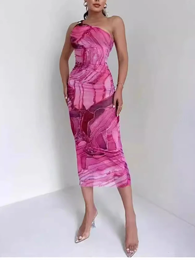 여성용 섹시한 스트랩리스 메쉬 프린트 긴 원피스 용수철, 시크한 원 숄더 백리스 파티 원피스, 민소매 할로우 슬림핏 원피스, 여름 