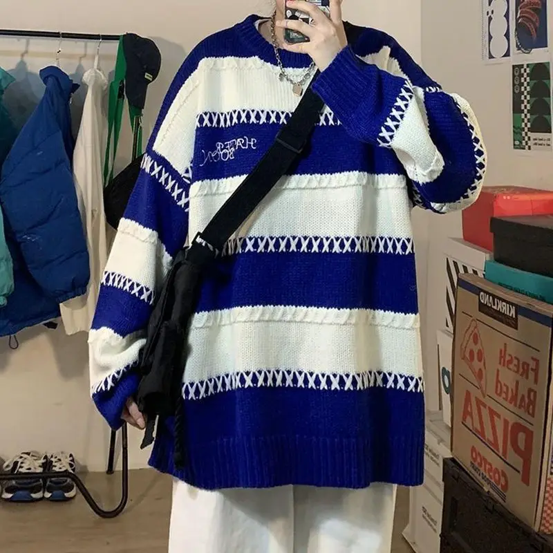 

2023 Autumn And Winter New Klein Blue Y2k Streetwear Men In Of Couples Lazy Wind Couple High Street Retro Sweater Striped Top