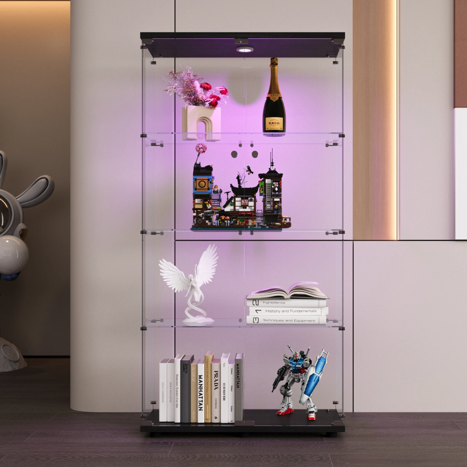 Two-door LED lights Glass Display Cabinet 4 Shelves with Door, Floor Standing Curio Bookshelf for Living Room Bedroom Office,