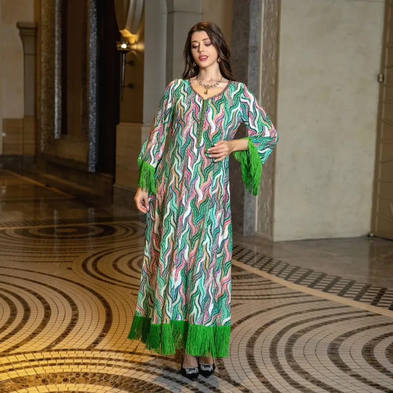 Eid Jalabiya Floral Print Party Dress for Women Abaya Vestidos Tassel Long Sleeve Eid Muslim Dresses Ramadan Abayas Kaftan 2023