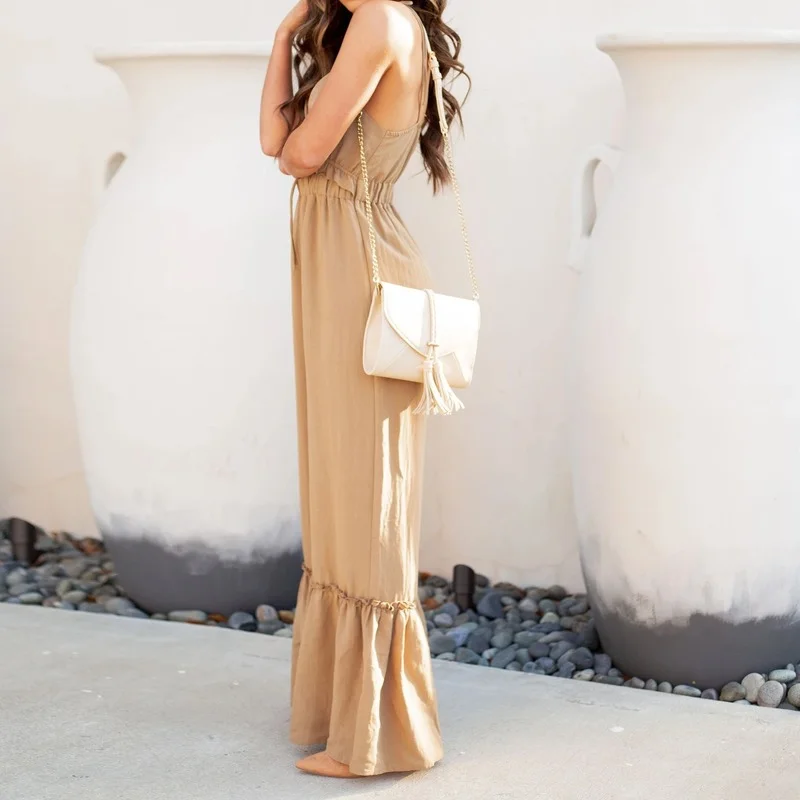 2024 Summer Solid Color Sexy Jumpsuits Women Suspenders Ruffled Wide-leg Flared Pants Rompers Casual Drawstring One Piece Outfit
