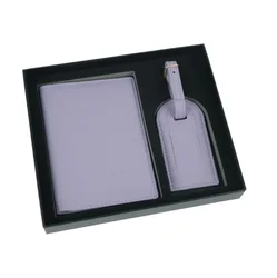 Saffiano Travel Duo: Minimalist Passport and Ticket Holder with Luggage Tag in Gift Box Set (Purple)