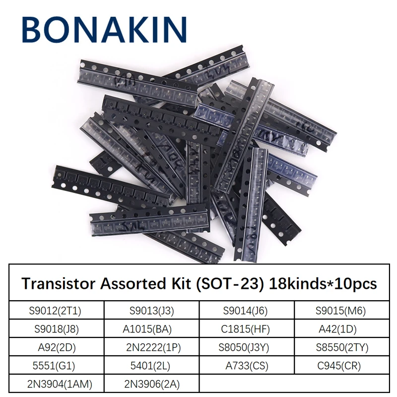 

Transistor Assorted Kit (SOT-23) 18kinds*10pcs=180pcs 2N2222 S9013 S9014 S9015 S9018 S8050 S8550 5551 5401 2N3904 2N3906 C1815