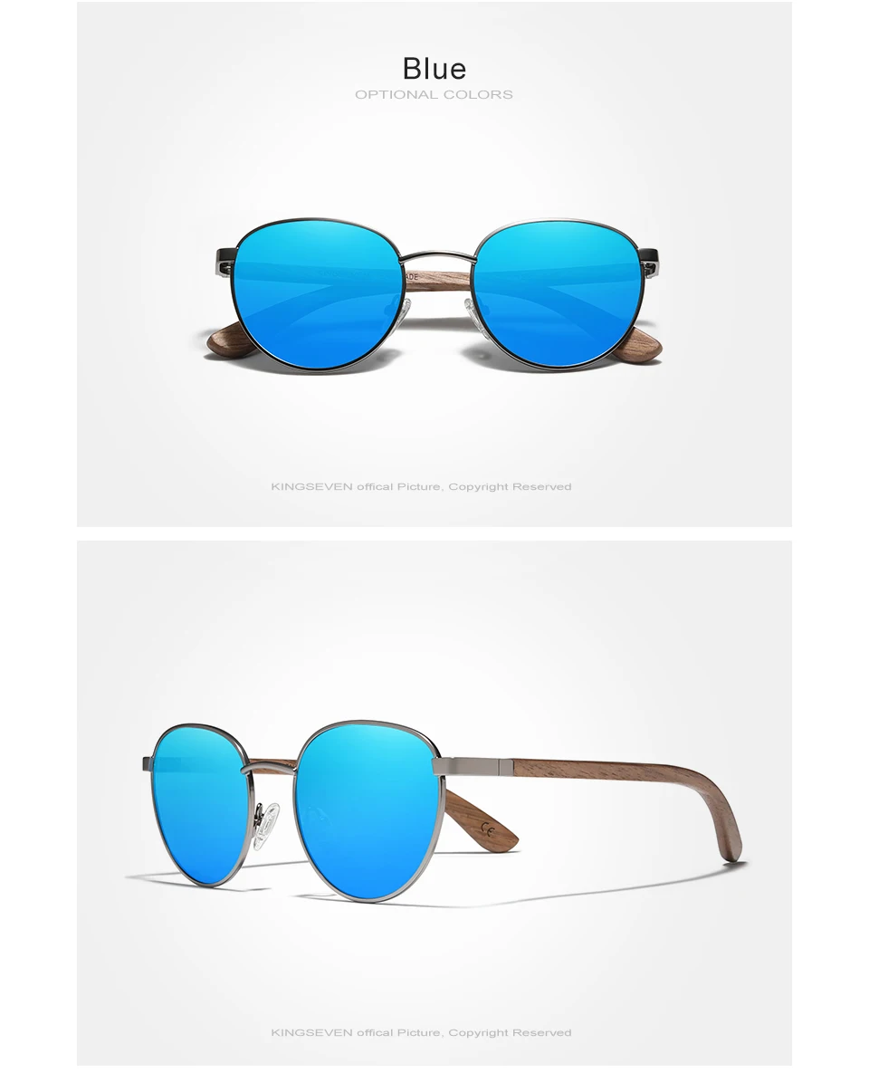 KINGSEVEN 2022 New Walnut Wood Round Frame Sunglasses