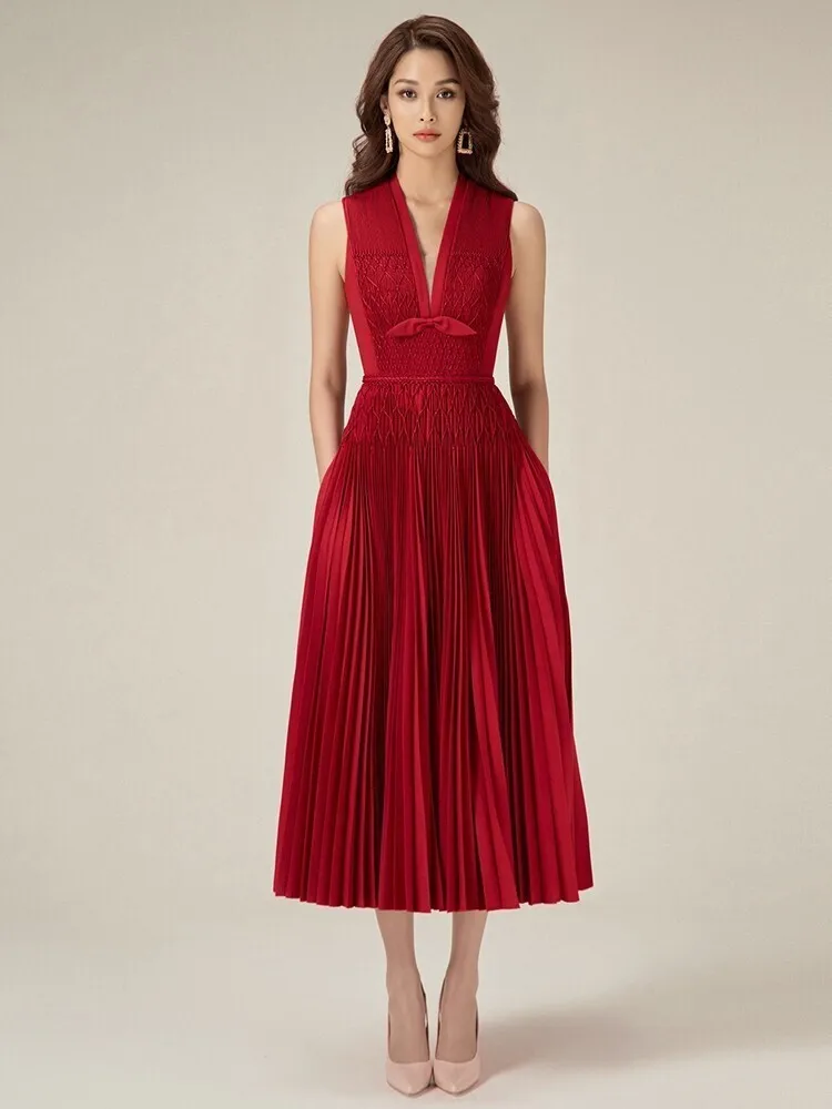 Image of Eshin Sleeveless Solid Color V Neck Hand Made High Quality High Waist Party Dress For Women 2024 Summer Fashion Female TH6794