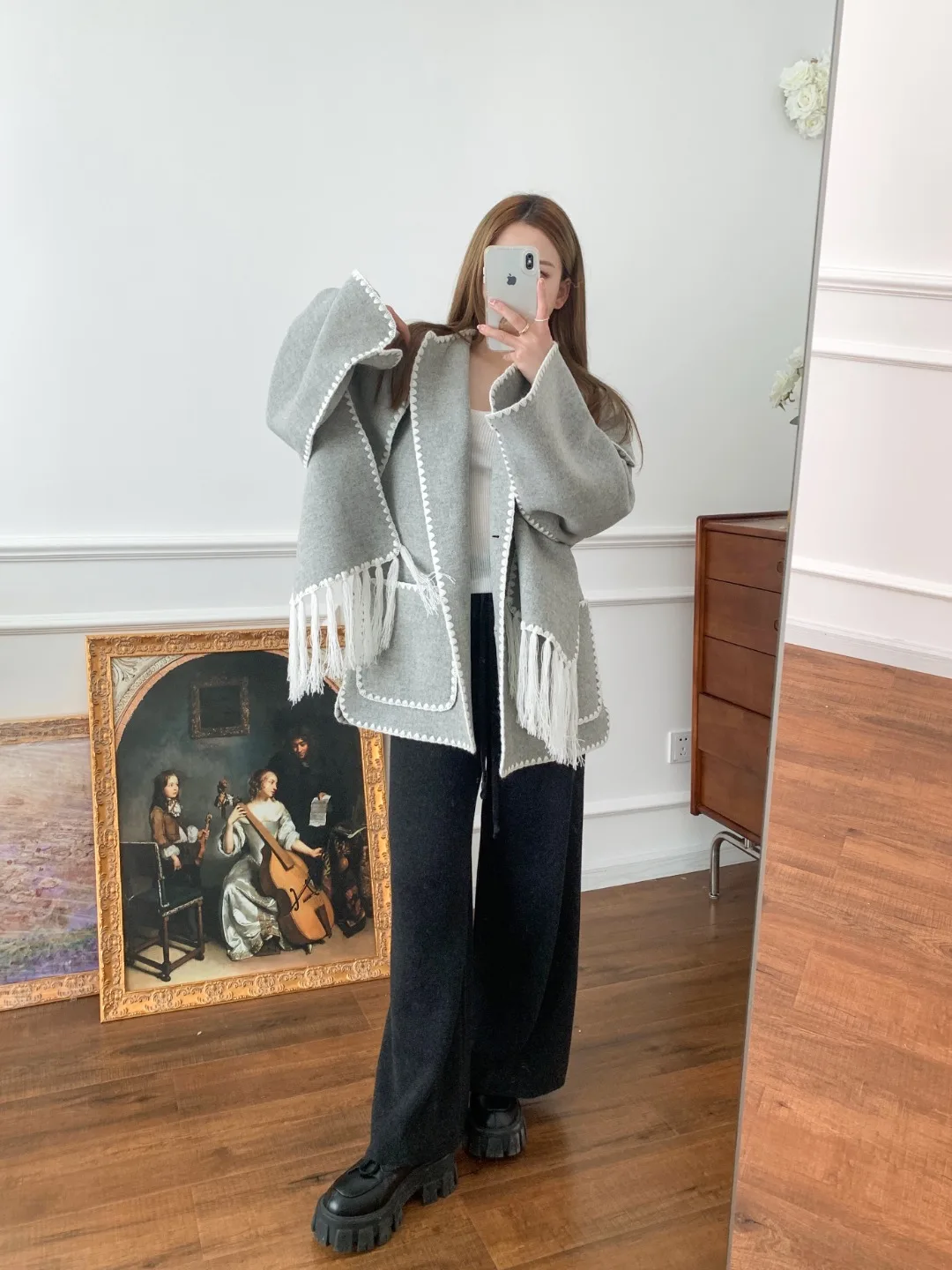 S824827921914486197229ecdbdae845co Women Fringe Scarf Collar Coat Double-sided Woollen Single Breasted Autumn Winter, Loose Embroidery Trim Female Casual Jacket Mallzona