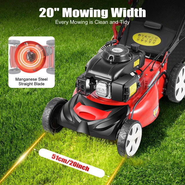 Self-Propelled Gas Lawn Mower 5HP 140CC, 20 Inch Cutting Width with 60L Grass Bag, 8 Height Adjustable 4-Stroke Engine 3 Self-Propelled Gas Lawn Mower 5HP 140CC, 20 Inch Cutting Width with 60L Grass Bag, 8 Height Adjustable 4-Stroke Engine 3