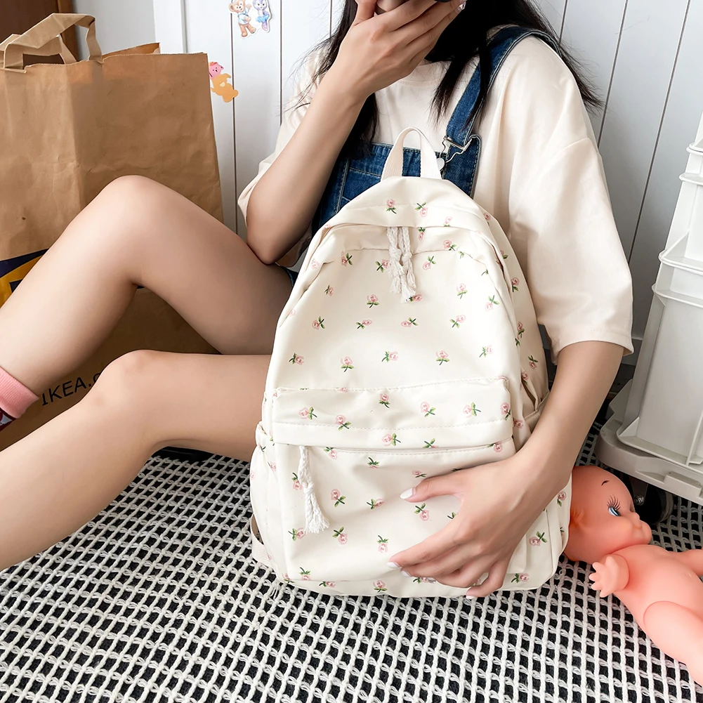 Women College Student Backpack Large Capacity Travel Laptop Rucksack Adjustable Strap Casual Floral Backpack Teenage Girl Bag
