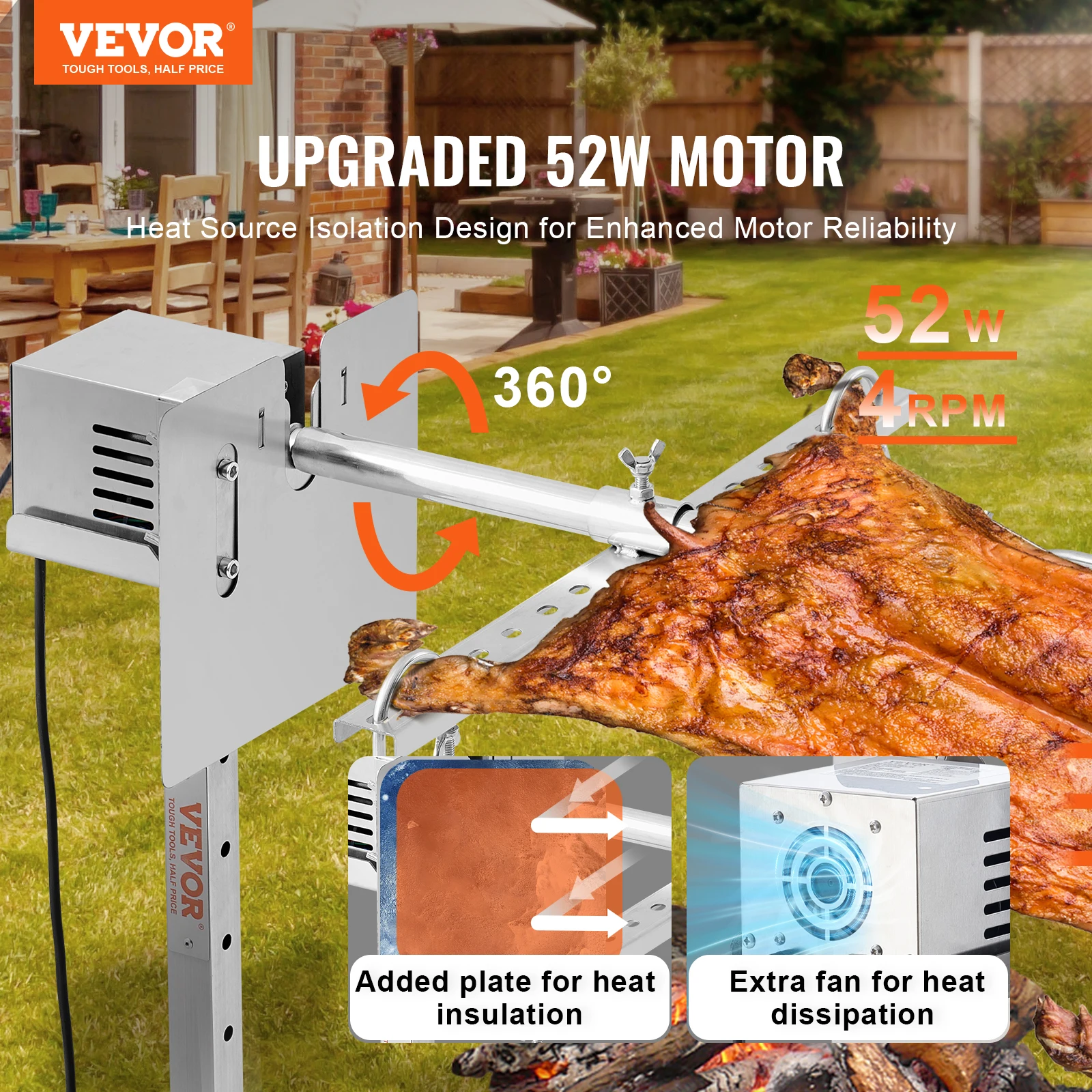 VEVOR 46/56 Inch Electric BBQ Rotisserie Grill Kit Automatic 52W Motor Height Adjustable Universal Roaster Stand 2