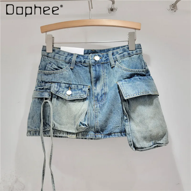 Retro Blue Irregular Large Pocket Denim Skirt 2024 Summer New Streetwear Sexy Hot Girl High Waisted Short Jean Skirts for Women