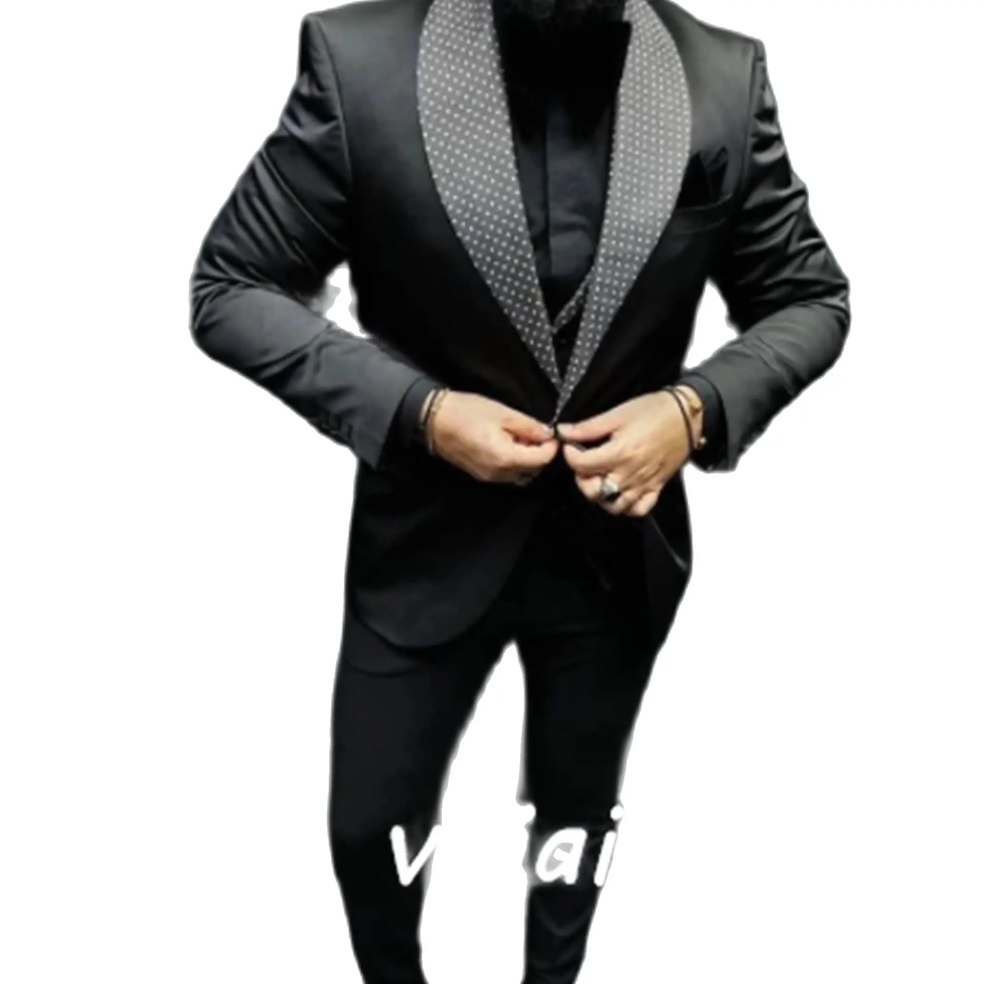 

Check Dots Black Men Suits Shawl Lapel Formal Wedding Groom Tuxedos Italian Style Slim Fit Prom Blazer 3 Pcs (Jacket+Pant+Vest)