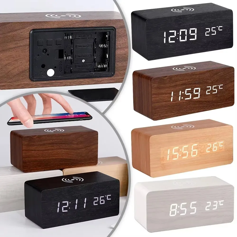 Alarm Clock LED Digital Wooden USB/AAA Powered Table Watch Temperature Humidity Wireless Charging Electronic Desk Clocks
