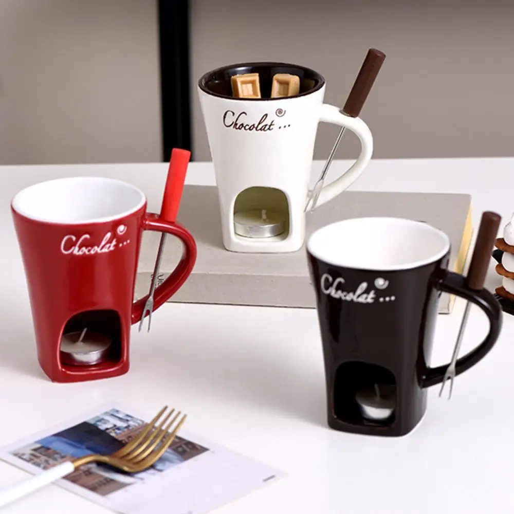 Description Picture 2 of itemHot Pot Ceramic Melting Cup Chocolate Melting Ceramic Mug Tea Candle Fondue Set Ceramic Mug with Fork Creative Tableware