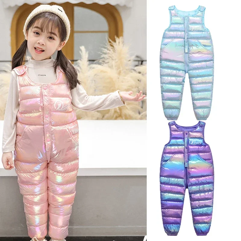 

Autumn Winter Baby Boys Girls Overalls Cartoon Pattern Glossy Jumpsuit For 1-5 Years Toddlers Kids Down Cotton Trousers