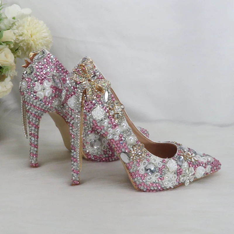 Shallow Women Bridal Wedding Shoes Fashion High Pumps Woman Thin Heel Tassel Crystal Party Dress Shoes Lady Pink Crystal Shoe