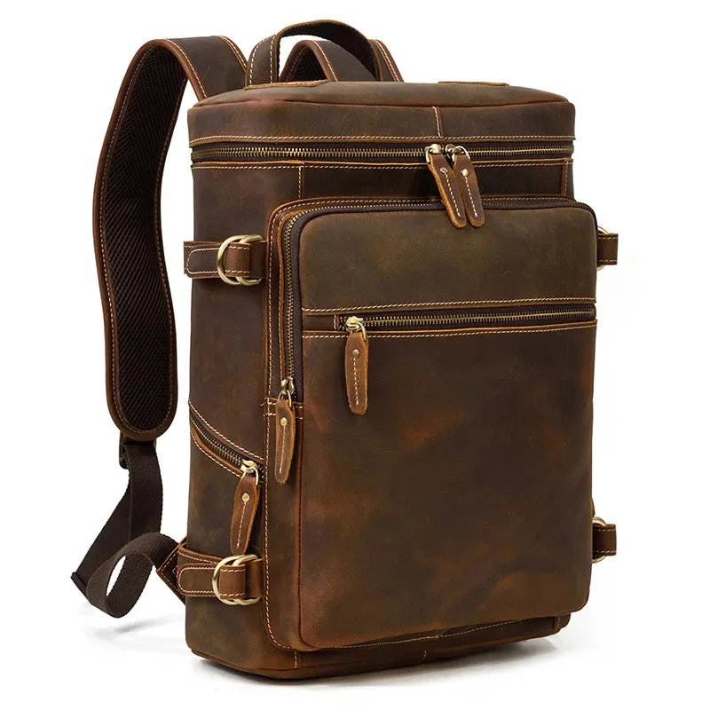 

MAHEU Vintage Genuine Leather Men's Backpack Large capacity shoulder bag crazy horse leather male 14" Laptop travel backpacks