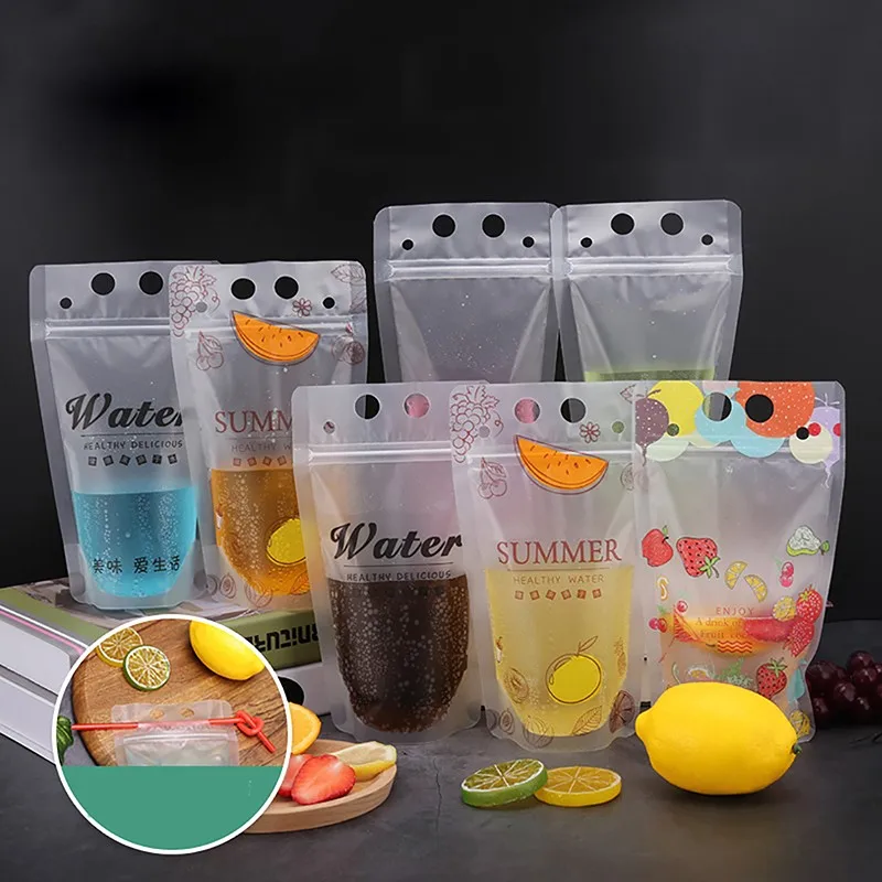 10set(Bags +Straw )500ml Frosted Plastic Drinking Beverage Bag Party Wedding Fruit Juice Milk Tea Portable Pouches