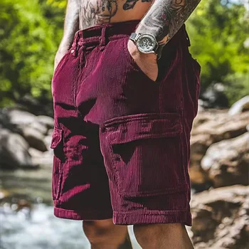 Vintage Cargo Shorts Men's Summer Trendy Retro Corduroy Short Pants Men's Casual Solid Color Shorts Sports Breathable Sweatpants 1